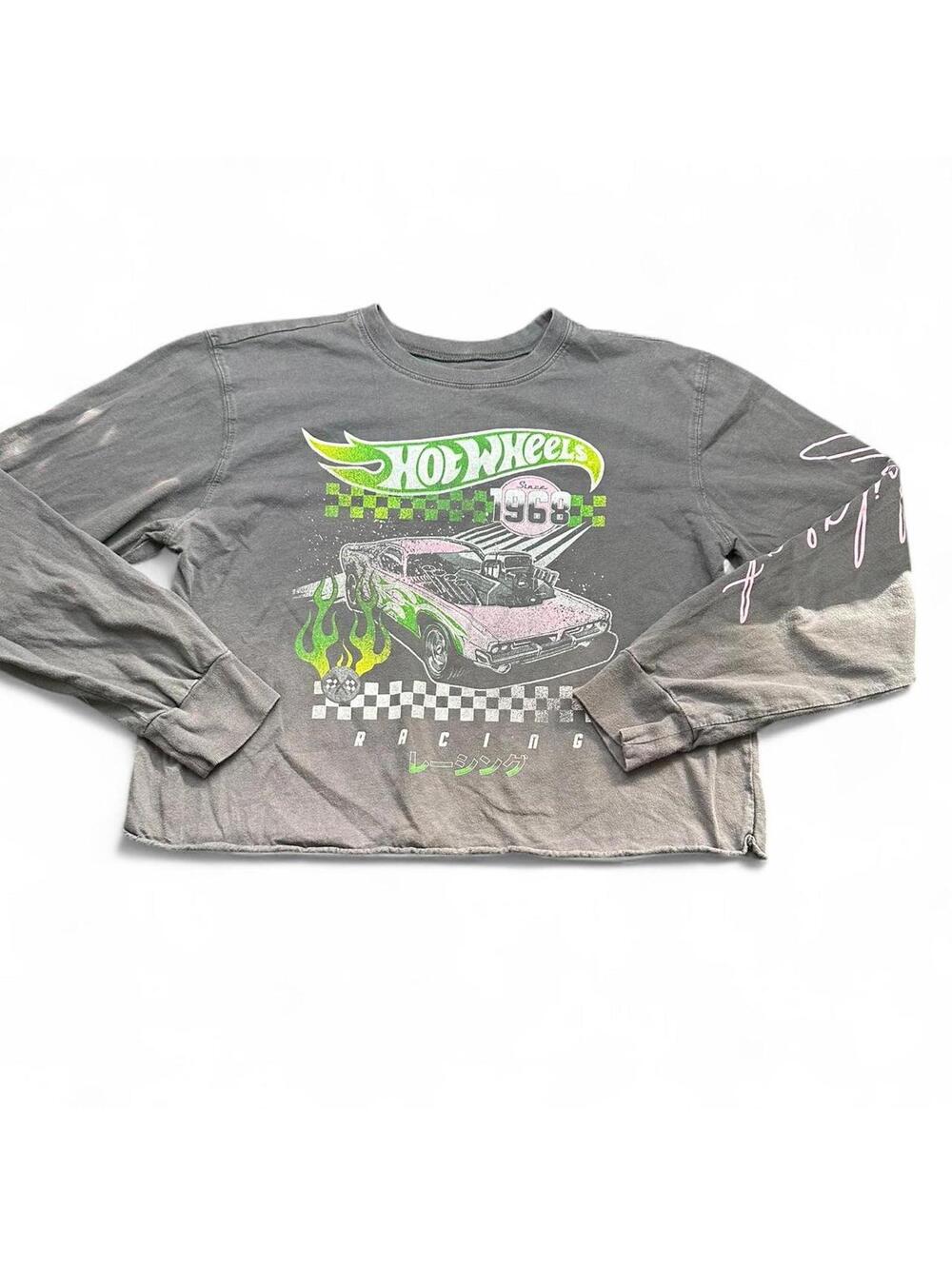 Hot Wheels Racing Long Sleeve Cropped Tee | Gray/Green Retro Graphic | Size M
